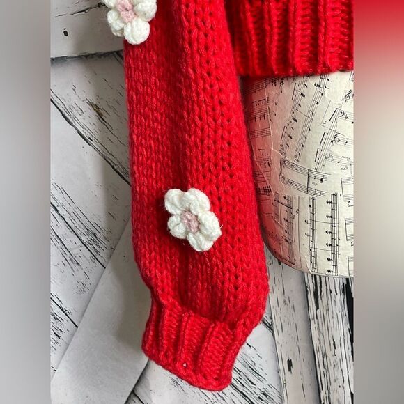 NWT Luna Ivy Red Cropped V-Neck Cardigan w/White Flowers M - Picture 4 of 8